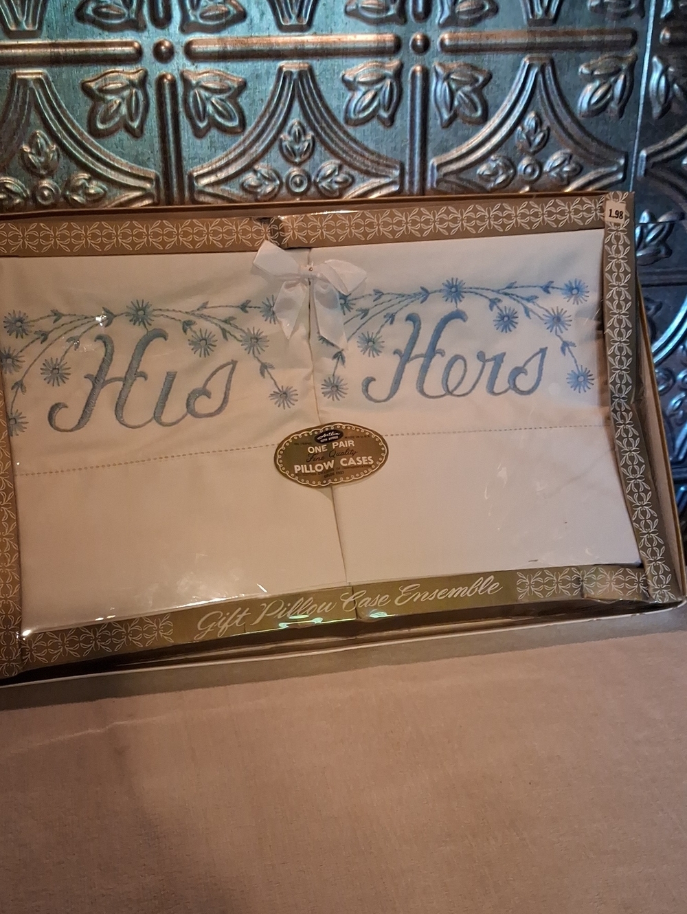 His & Hers Embroidered Pillowcase Set - White with Light Blue Vintage